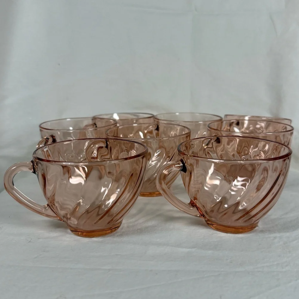 Vintage Arcoroc France French Pink Swirl Rosaline Teacups Set of 8